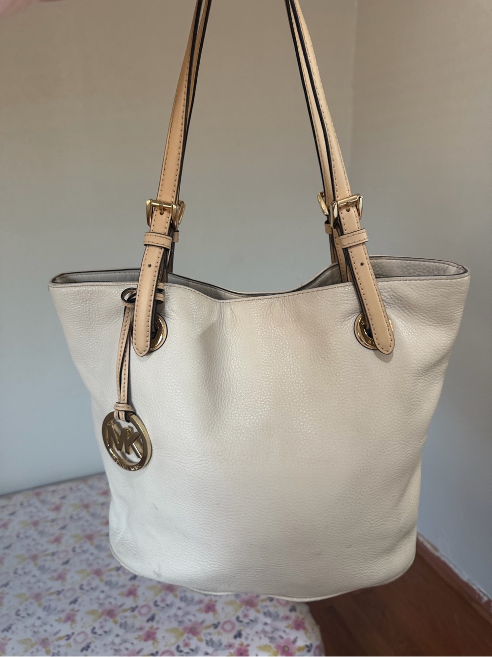 Michael Kors Cream Leather Tote with Tan Straps